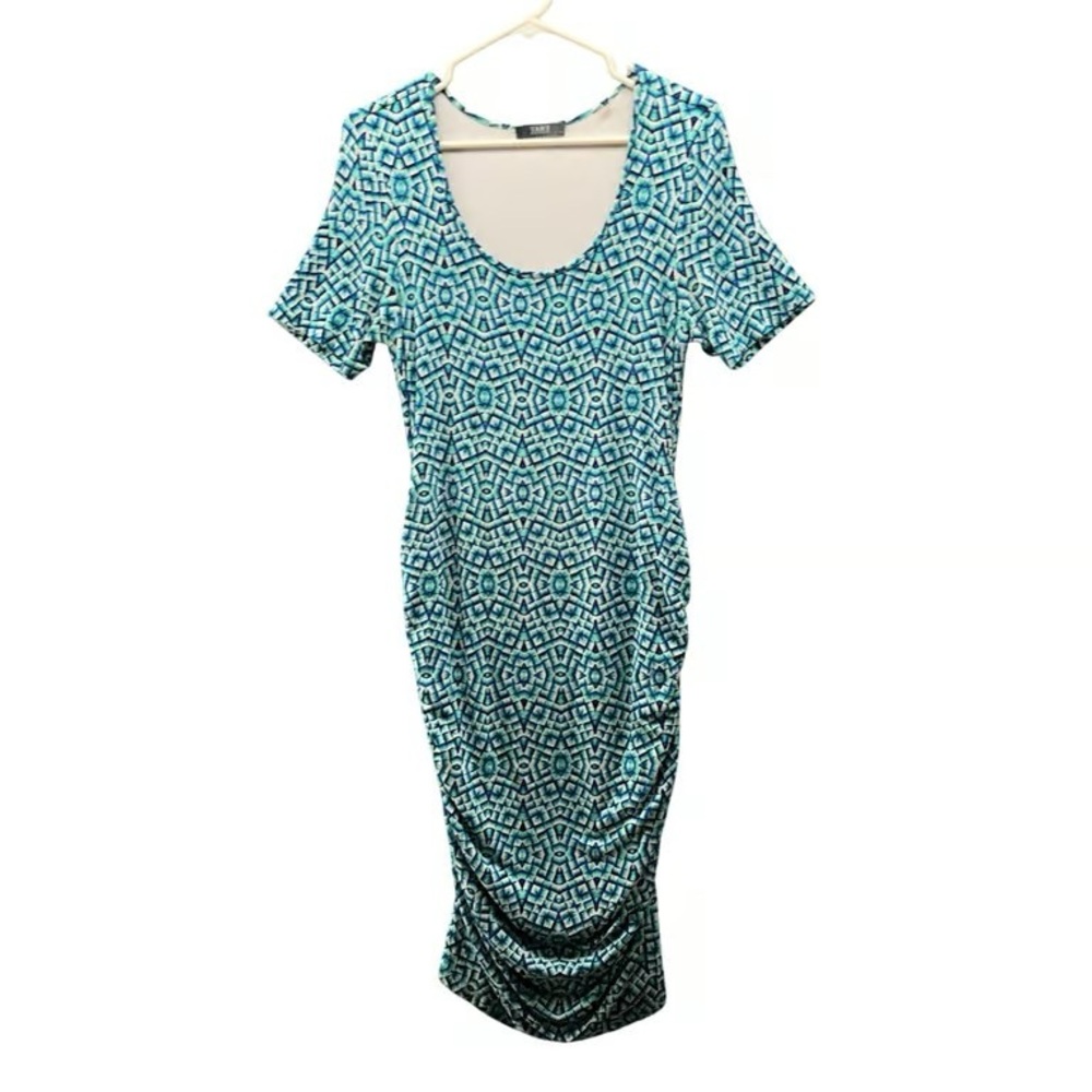 Blue Geometric Print Scoop Neck Women's Dress